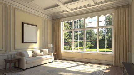 Fototapeta premium Bright and airy craftsman living room featuring large window that invites natural light, showcasing serene garden view. elegant decor enhances peaceful atmosphere