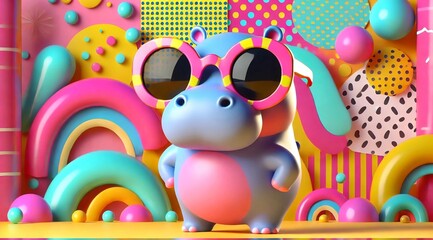 Obraz premium Colorful cartoon hippo with pink sunglasses in candy world 
