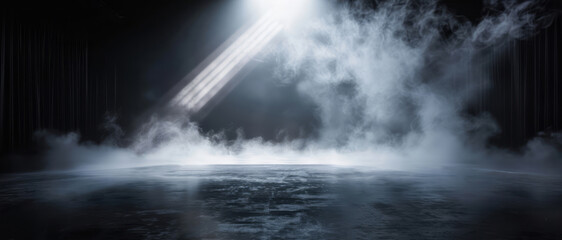 Fototapeta premium A dark background with fog and a light beam in the center of the stage glows on a dark floor in a minimalist studio setting.