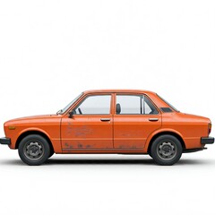 orange vintage car isolated on white, weathered paint