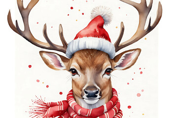 Whimsical watercolor deer in a festive red and white hat and scarf. Hand-painted style with intricate fur details, perfect for holiday cards