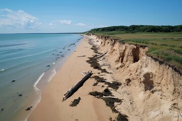 A coastal view showcasing eroded cliffs and sandy beach.