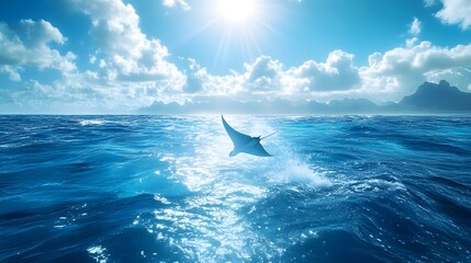 Fototapeta premium A breathtaking view of a module ray leaping out of the water, framed by a vivid blue ocean and bright sun