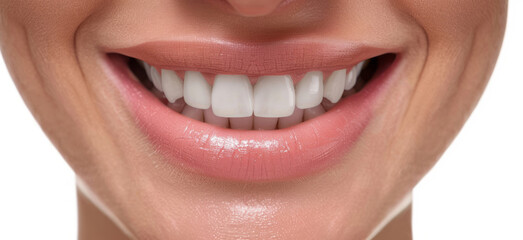 Fototapeta premium A close-up of a beautiful white-toothed smile isolated on a white background.