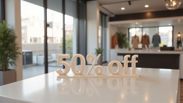 Clothing store sale with "50% Off" display on the counter showcasing stylish apparel