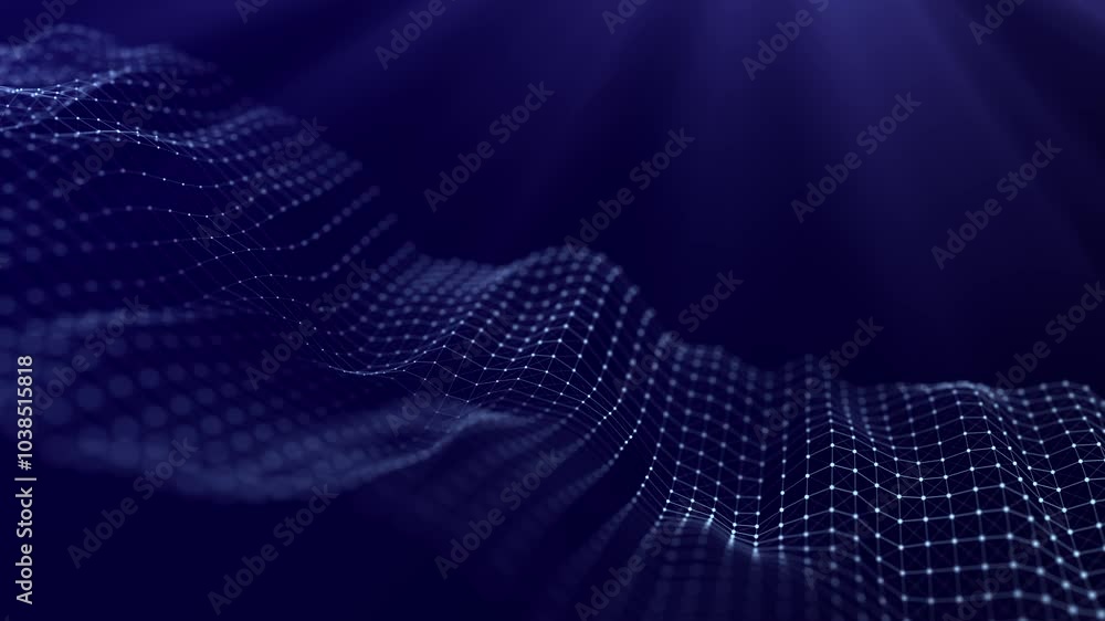 Poster Big data visualization. The musical stream of sounds. Abstract background with interweaving of dots . 3D. Seamless loop.