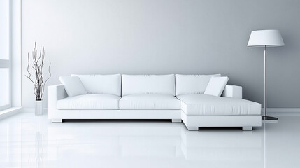 Contemporary living room featuring a white sectional sofa, monochrome accents, and minimalist furniture