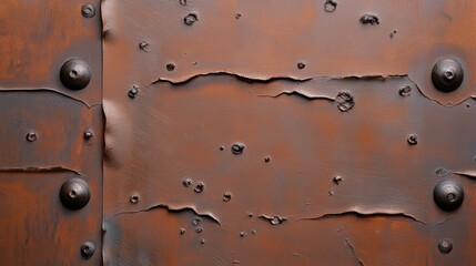 Rusty Metal Texture: Close-up shot of a weathered and rusty metal surface, showcasing the texture of rivets, cracks, and imperfections in a gritty and industrial aesthetic, brown background