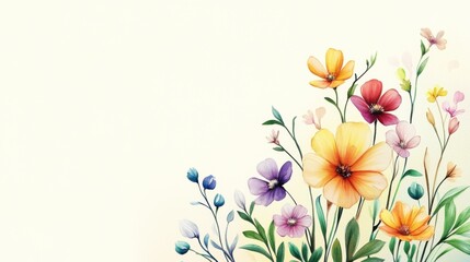 Obraz premium Colorful watercolor flowers arranged beautifully on a soft pastel background. Perfect for seasonal greetings or floral designs.