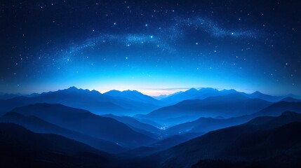 Early evening sky with a rich blue hue, dotted with stars and the faint glow of the galaxy stretching across.