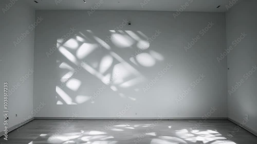 Poster camera slowly rotates 360 degrees in a minimalist white room, gobo lighting projects intricate shado