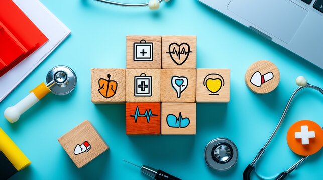 A flat-lay of health-related wooden blocks featuring symbols like a heart, stethoscope, and first aid, alongside medical tools on a light blue background.