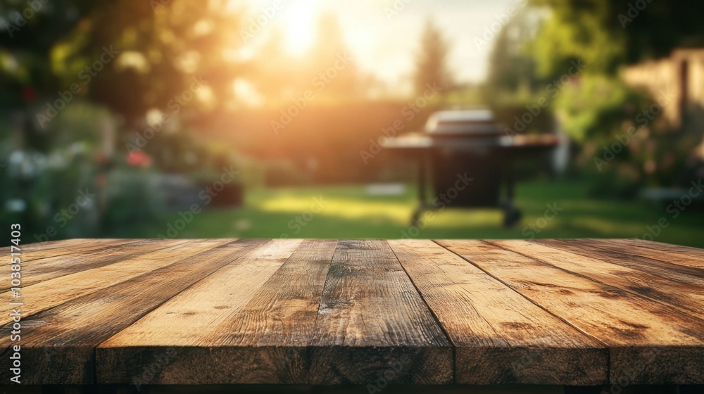 Poster close-up of a wooden table with the soft blur of a barbecue in a backyard, perfect for product place