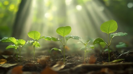 Seedlings growing in a misty forest floor, surrounded by fallen leaves and filtered sunlight creating a serene atmosphere.