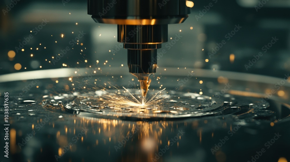 Poster cnc machine making precise cuts into metal, with sparks and intricate details of the process shown i