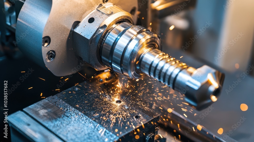 Poster cnc machine making precise cuts into metal, with sparks and intricate details of the process shown i