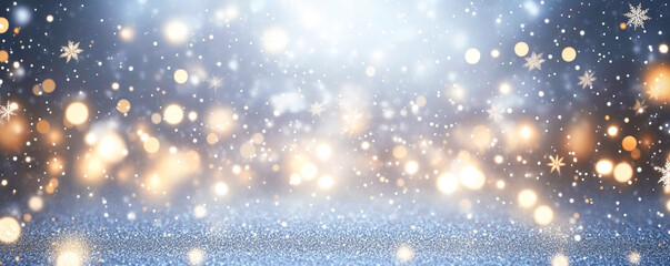 Obraz premium A sparkling winter background with shimmering snowflakes and sparkling golden lights, creating a magical and festive atmosphere. Holiday cards, invitations, and social media posts. Selective focus.
