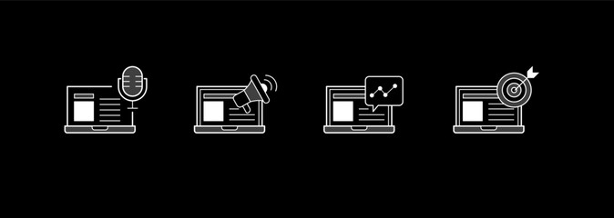 Digital Marketing and Content Creation Icons. Podcast or Audio Content Creation. Social Media Advertising or Promotion. Targeted Digital Marketing.
