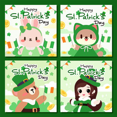 Adorable St. Patrick's Day Illustrations with Bunny, Bear, and Girl. Cute St. Patrick's Day Animal Characters with Irish Flags.