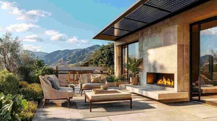 Cozy patio with outdoor furniture, fireplace, and solar panels on the roof, 3D render