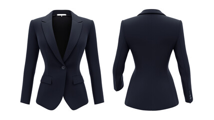strapless blazer mockup template, front and back view, a sharp and formal navy blazer in a fitted style, on a transparent backgrounds