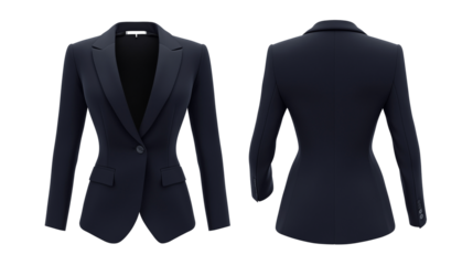 strapless blazer mockup template, front and back view, a sharp and formal navy blazer in a fitted style, on a transparent backgrounds