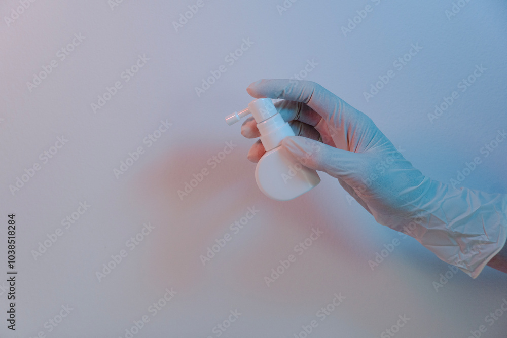 Wall mural the doctor's hand in the white medical glove holding a spray, isolated in the purple background, hea