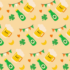 Kawaii St. Patrick’s Day Beer and Shamrock Pattern. St. Patrick’s Day Festive Pattern with Beer and Shamrocks.
