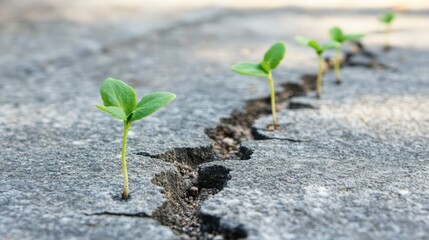 Small green seedlings growing through cracks in concrete, symbolizing resilience and nature's ability to thrive in harsh conditions.