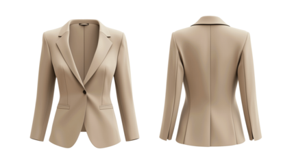 strapless blazer mockup template, front and back view, a vintage-style blazer with wide lapels in beige, on a transparent backgrounds