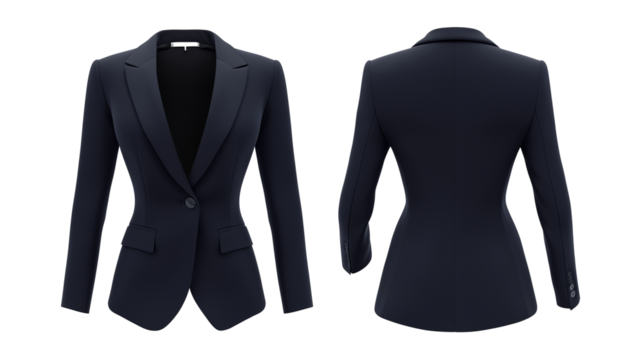 strapless blazer mockup template, front and back view, a sharp and formal navy blazer in a fitted style, on a transparent backgrounds