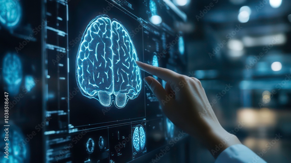 Poster a hand points to a digital representation of a human brain on a screen in a futuristic setting.