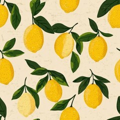 Vintage Lemon pattern on vintage beige fabric background, seamless repeating pattern, textile print style, minimal, zesty fruit design, bright decor, textile