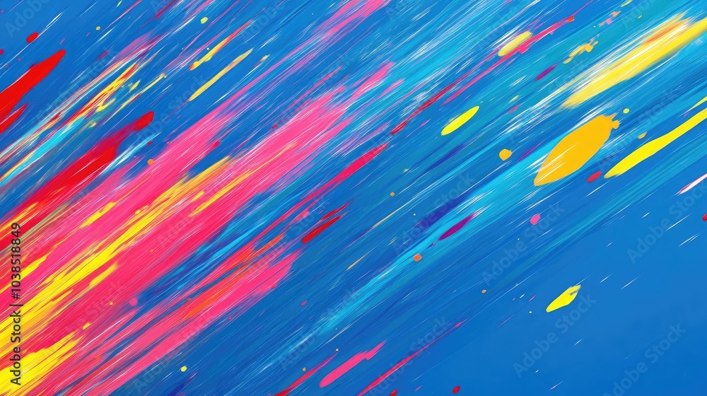 Poster dynamic motion with colorful streaks on a blue background, representing speed and movement