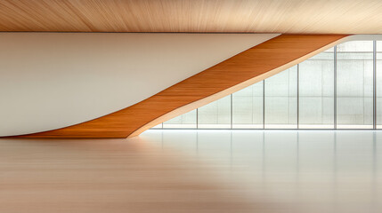 Architectural interior showcasing a minimalist design with wood accents and large glass windows