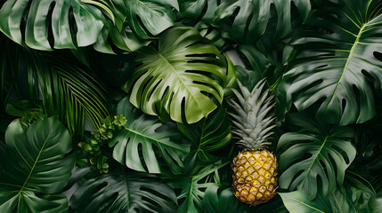 Obraz premium Beautiful Showcase of Ripe Ananas and Lush Tropical Leaves on Bright White Background Ideal for Wallpaper Design