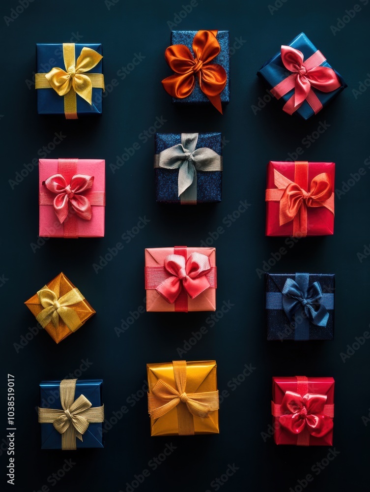 Aufkleber brightly colored gift boxes with decorative bows are neatly arranged, creating a festive and invitin