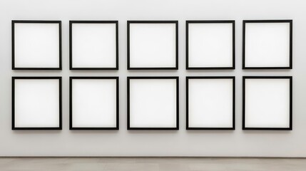 A gallery wall with ten empty square frames, ideal for showcasing artwork or photography.