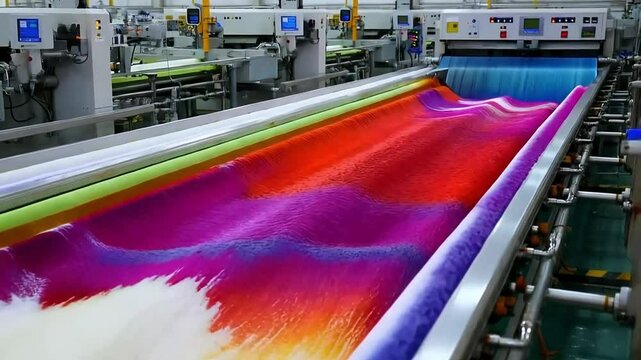 Automated dyeing machines coloring long rolls of fabric in vivid hues, with streams of dyed water circulating back into treatment systems.
