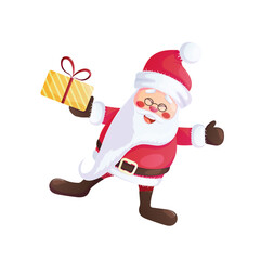 Funny happy Santa Claus with a box gift Design of a Christmas card, banner, flyer with cartoon vector illustration