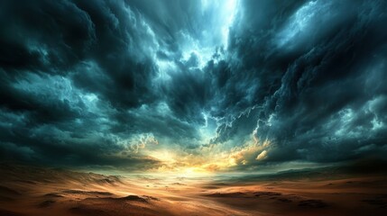 Obraz premium Empty desert landscape beneath a foreboding stormy sky, with flashes of light breaking through dark, billowing clouds.