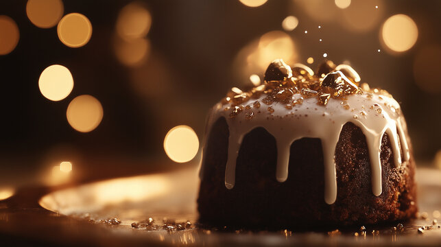 Close up highly detailed christmas pudding photo. cake, celebration, December, presents snow, proffesional.