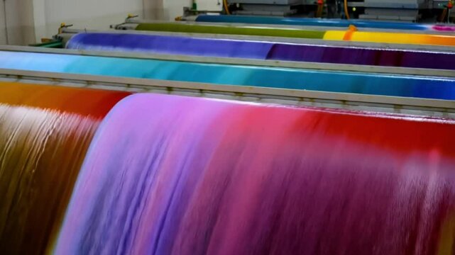 Automated dyeing machines coloring long rolls of fabric in vivid hues, with streams of dyed water circulating back into treatment systems.

