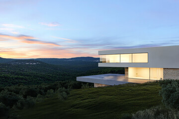 Fototapeta premium Modern hillside house with panoramic views during sunset in a tranquil landscape