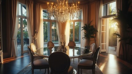 Elegant dining room with glass dining table and chandelier, 8k, realistic, full ultra HD, high resolution, cinematic photography