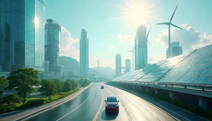 Fototapeta premium Futuristic Solar City - cityscape with buildings integrated solar panels and electric cars