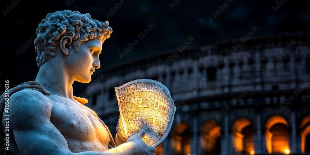 Poster a majestic statue holds a glowing scroll against a backdrop of ancient architecture. the interplay o