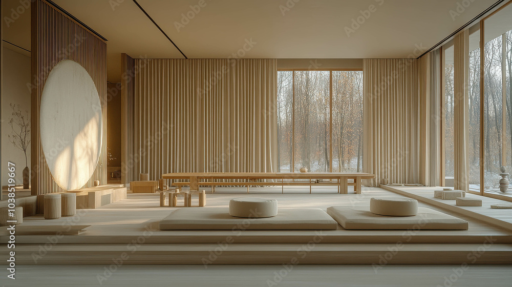 Poster a room with a tan color theme and a large round object in the center. the room has a minimalist desi