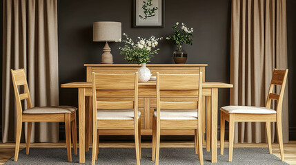 A wooden dining table with six chairs around it and a vase of flowers on it. The room is decorated with curtains and a picture on the wall. Scene is warm and inviting