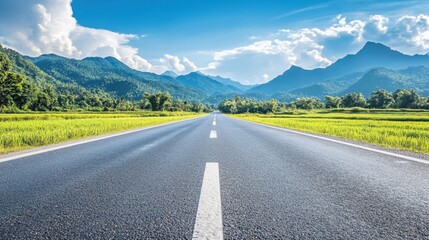 Naklejka premium Empty road heading towards green mountains under a bright blue sky, perfect for open road travel and scenic landscape themes.